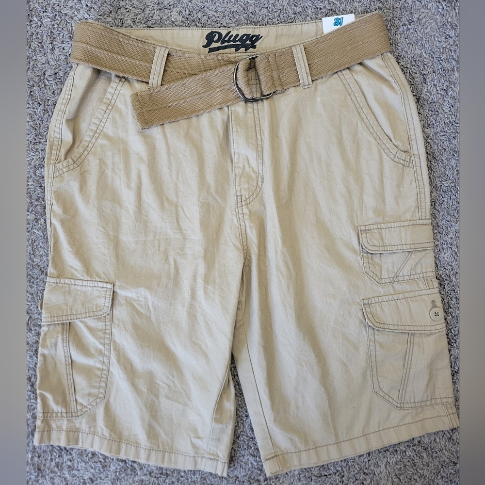 Plugg Men's Beige Britsh Khaki Cargo Shorts with Belt Size 31 NWT